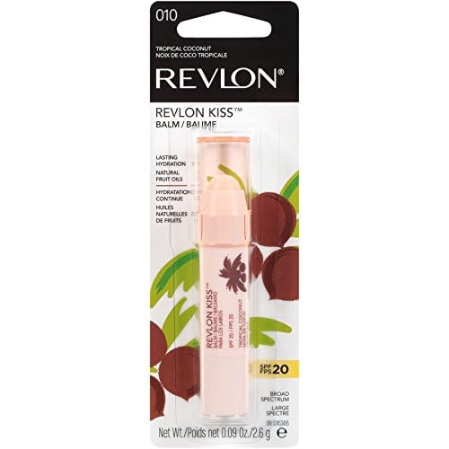 Revlon Lip Balm, Kiss Tinted Lip Balm, Face Makeup with Lasting Hydration, SPF 20, Infused with Natural Fruit Oils, 010 Tropical Coconut, 0.09 Oz