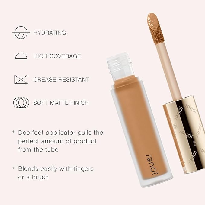 Jouer Essential High Coverage Liquid Concealer - Brightening Concealer - Color Corrector for Under Eye Dark Circles, Spot Coverage, and Eye Primer - Soft Matte Finish, Amber