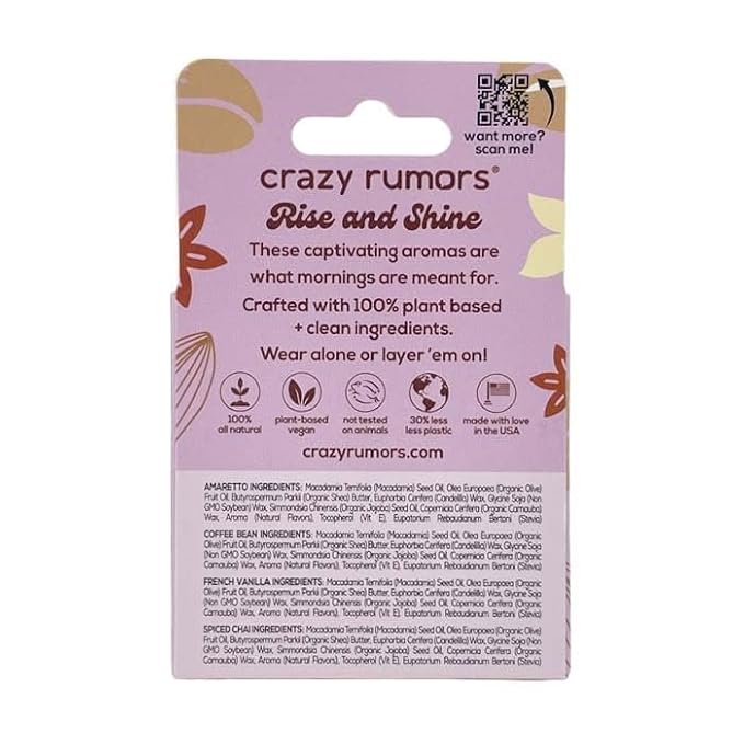 Crazy Rumors Barista Mix Lip Balm 4-Pack Mix (Amaretto, French Vanilla, Coffee Bean & Spiced Chai) 100% Natural, Vegan, Plant-Based, Made in USA