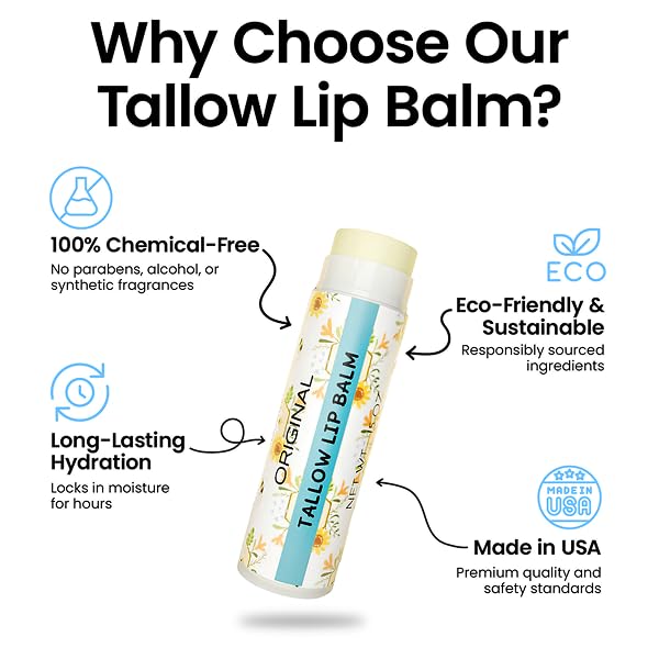 Tallow Lip Balm by Cattle Creek – Organic, All-Natural Ingredients, Long-Lasting Moisture and Hydration for Dry, Cracked, and Chapped Lips, Soothing Formula for Soft Skin (Pack of 3, Original)