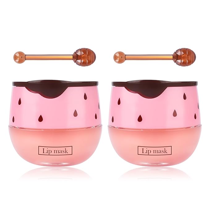 2PCs Strawberry Lip Sleeping Mask,Bee Lip Balm Honey Pot, Bee Lip Honey Pot with Wand Nourishes Lips, Overnight Strawberry Propolis Honey Balm Lip Mask for Lip Care Moisturize Lip Skin