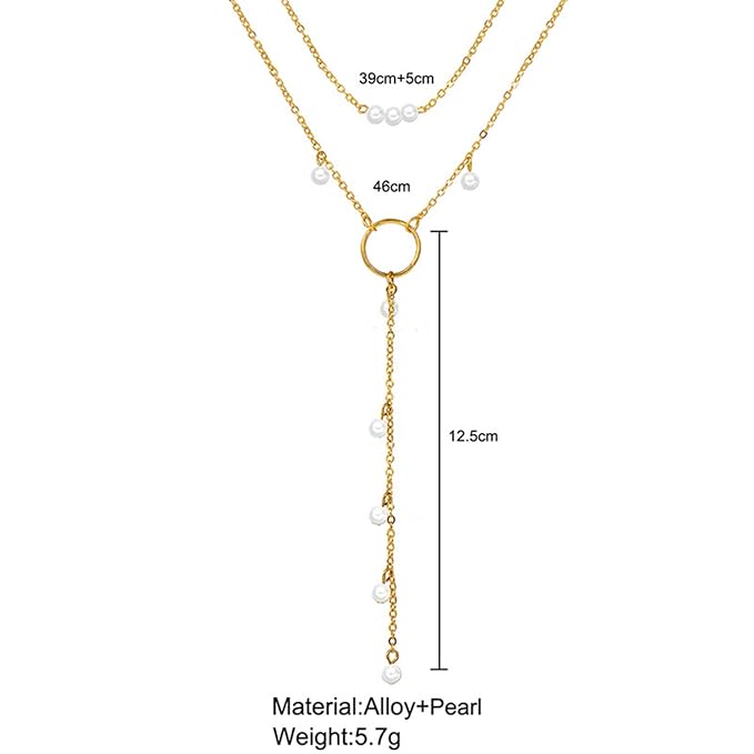 Boho Circle Pearl Lariat Necklace Gold Long Lariat Chain Necklace Tiny Pearl Choker Necklace Drop Pearl Chain Y Necklace Jewelry for Women and Girls Gifts