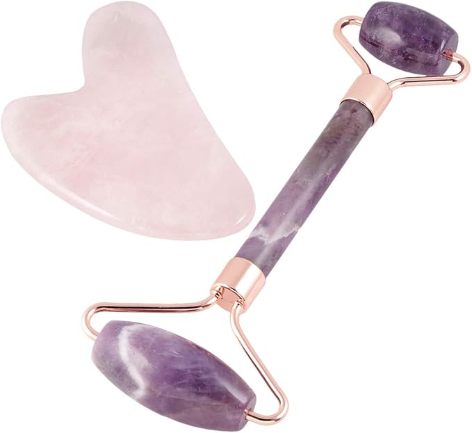 mookaitedecor Amethyst Roller & Rose Quartz Gua Sha Scraping Massage Tool Set, Face Massager for Wrinkles, Anti Aging