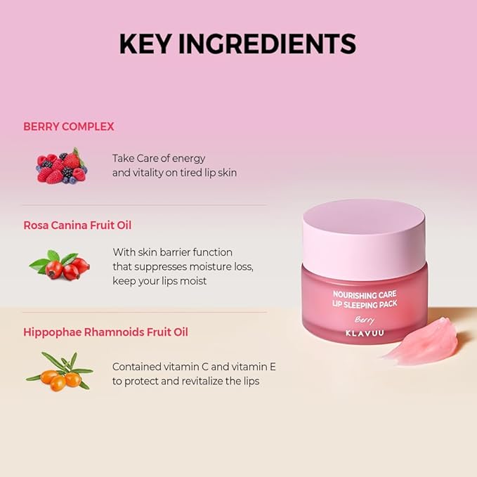 Klavuu Nourishing Care Lip Sleeping Pack (Coconut & Berry) - Overnight Exfoliating & Nourishing Lip Treatment Balm for Dry Lips - Natural Moisturizing Lip Oil with - Lip Balm to Repair & Protect Lips