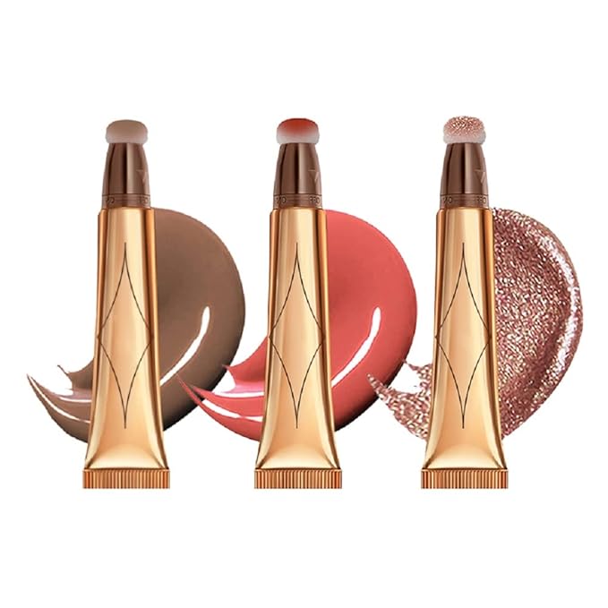 3 Color Contour Beauty Wand, Highlighter ,Face Concealer Contouring with Cushion Applicator Long Lasting & Smooth Matte Finish Liquid Illuminator Makeup Stick .(01 Contour+03 Cherry Red +05 Bronze Gold)