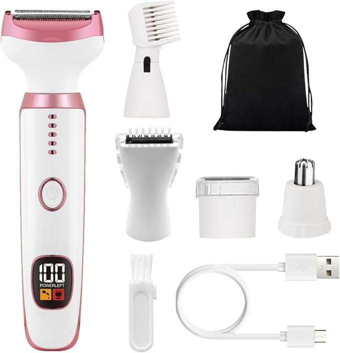Electric Razors for Women, 5 in 1 Painless Ladies Wet & Dry Body Razors and Facial Hair Remover, Rechargeble Facial and Body Hair Remover for Face Nose Eyebrow Arms Armpit Legs Pubic Area(White)