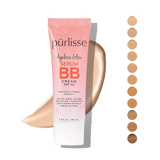 pūrlisse Ageless Glow Serum BB Cream SPF 40 - Glow BB Cream with SPF Enriched with Bakuchiol & Vitamin C to Help Improve Firmness & Reduce Wrinkles for Dewy Skin - Light (1.4 oz)