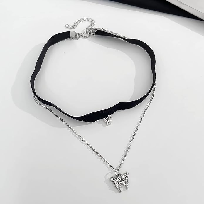 Vintage Black Choker Necklace Chain Goth Leather Choker Butterfly Pendant Necklace Velvet Choker Punk Necklace Rock Statement Butterfly Necklace Charm Jewelry Gift for Women and Girls