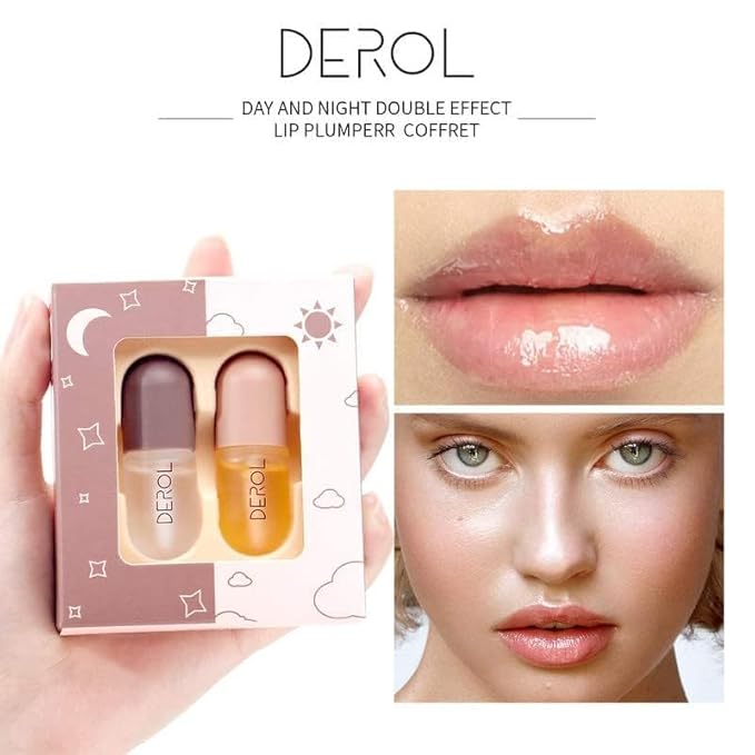 Lip Plumper Gloss, Plumping Lip Gloss, Plump and Pout Lip Plumpers, Natural Lip Care & Enhancer Set, Day & Night Serum, Softer Bigger Fuller Lips by Natural Lip Enhancer, Premium Lip Mask Gloss