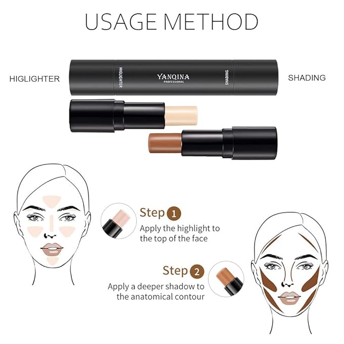 2 Colors Cream Contour Sticks Makeup Kit, Primer Face Highlighter Contouring for Beginners, Highlight and Contour Kit, Cream Concealer Makeup Blur Stick, Primer Face Corrector 1#