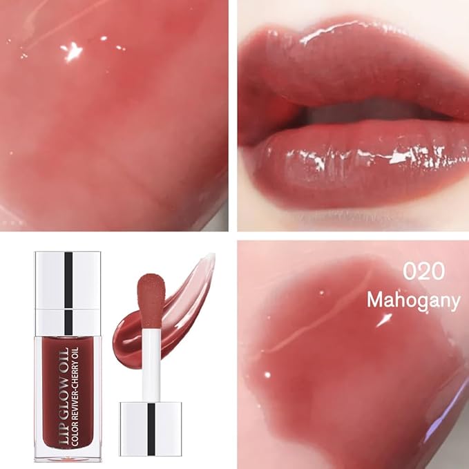 Plumping Lip Oil, Long Lasting Hydrating Lip Gloss Tinted Lip Balm Non-sticky Revitalizing, Transparent Lip Care Oil for Dry Lip (MAHOGANY)