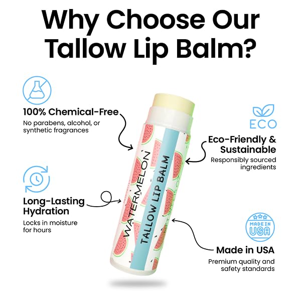 Tallow Lip Balm by Cattle Creek – Organic, All-Natural Ingredients, Long-Lasting Moisture and Hydration for Dry, Cracked, and Chapped Lips, Soothing Formula for Soft Skin (Pack of 3, Watermelon)