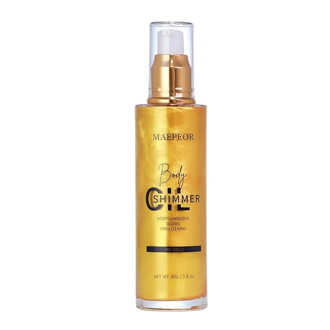 MAEPEOR Shimmer Body Luminizer 5 Colors Moisturizing Glow Illuminator Smooth and Non-sticky Summer Body Highlighter For Face & Body (80ML, 02 Gold)