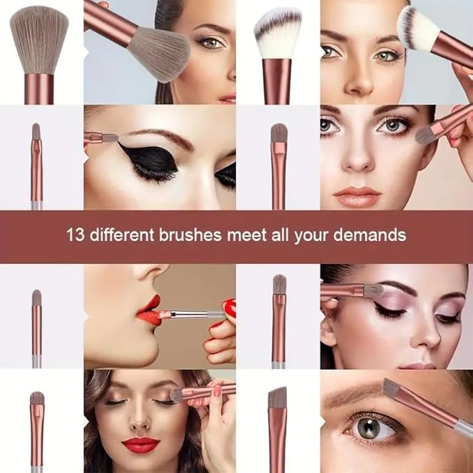 Foundation Makeup Brush Set Kit | 13 Pcs Premium Synthetic Kabuki Eye Shadows Make Up Brushes + 1 Sponge + 1 Brush Bag for Travel and Home Use (BROWN)