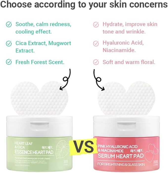 TENZERO Heart Leaf CICA Essence Heart Pad (50 Count, 150g), Redness Relief Soothing Pore Care for Sensitive Skin, Korean Facial Toner Pads, Hydrating & Refreshing, Centella