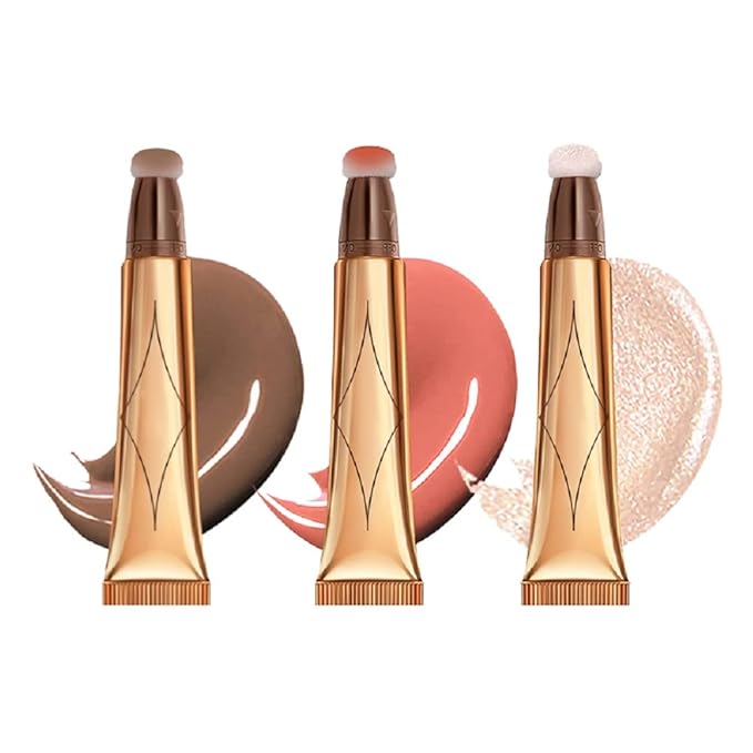 3 Color Contour Beauty Wand, Highlighter ,Blush,Face Concealer Contouring with Cushion Applicator Long Lasting & Smooth Matte Finish Liquid Illuminator Makeup Stick . (01#Contour +02#Blush+04#Highlighter)