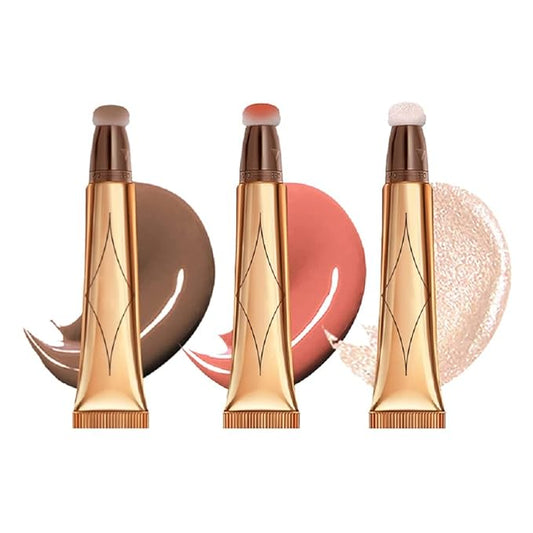 3 Color Contour Beauty Wand, Highlighter ,Blush,Face Concealer Contouring with Cushion Applicator Long Lasting & Smooth Matte Finish Liquid Illuminator Makeup Stick . (01#Contour +02#Blush+04#Highlighter)