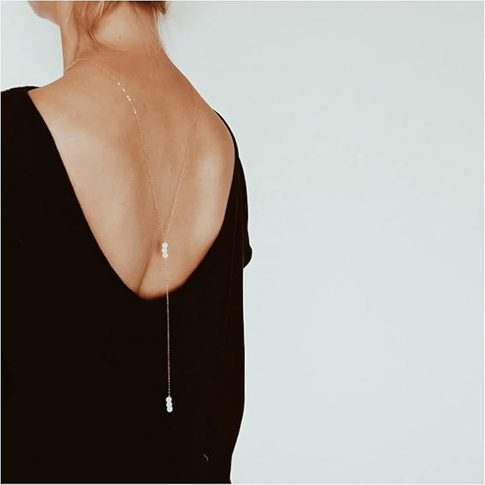 Boho Pearl Back Chain Necklace Gold Backdrop Necklace Body Chain Summer Beach Body Jewelry for Women and Girls Gifts