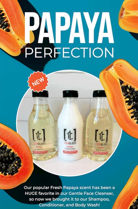 Teenology Shampoo for Teens - Avoid Forehead and Body Acne - No Sulfates or Parabens, Noncomedogenic, Natural Botanical Extracts, 16 oz. (Fresh Papaya)