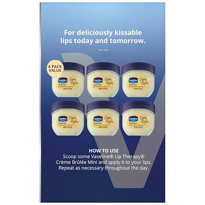 Vaseline Lip Therapy Creme Brulee Mini, White Petrolatum, Advanced Moisturizer, Relieves Dull and Dry Skin, Mini Vaseline Petroleum Jelly, Soft & Smooth Vaseline Lips (Pack of 6-0.25 Oz Ea)