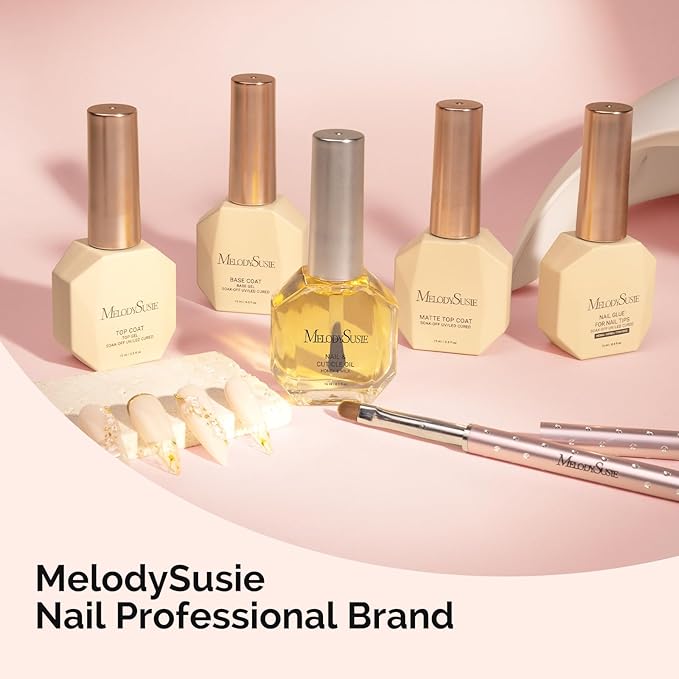 MelodySusie No Wipe Glossy Top Coat Base Coat Cuticle Oil Set Long Lasting Shine Finish Soak Off UV LED Nail Lamp Nail Art Design Manicure Kit Perfect Gifts for Women Girls 3 Pcs 15ml