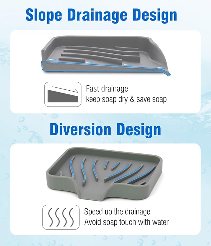 3-Pack Silicone Soap Dish, Sponge Holder for Sink, Kitchen Soap Tray, Bathroom Soap Holder, Sponge Tray with Drain (Grey)