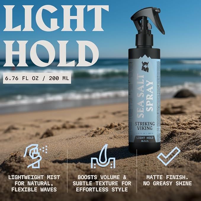 Striking Viking Sea Salt Spray for Hair - Light Hold - 200ml (6.76 Fl Oz) Blue Ocean Scent - Texturizing, Volumizing & Curl Enhancing - Salt Spray for Beach Wave Style