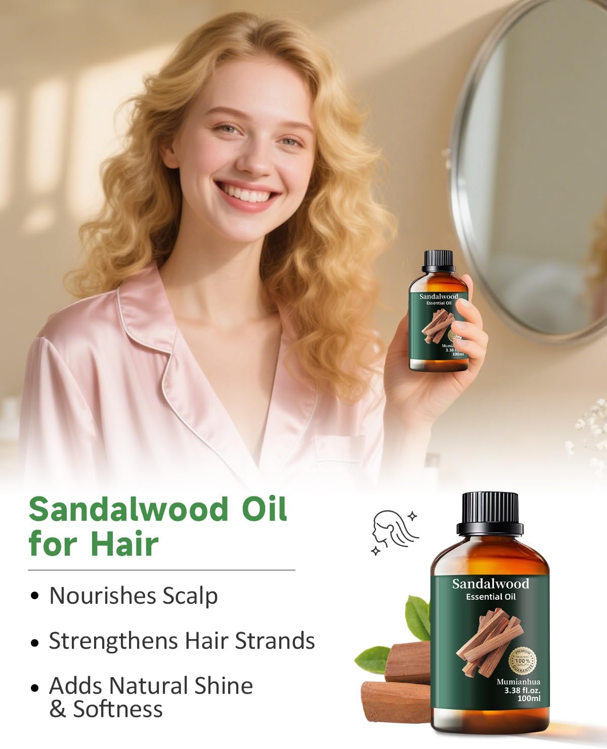 Sandalwood Essential Oil Pure,Mumianhua Natural Sandalwood Oil Undiluted Therapeutic Grade Aromatherapy Oil for Diffuser, Skin, Hair, Massage, Candle & Soap Making 3.38 Fl Oz