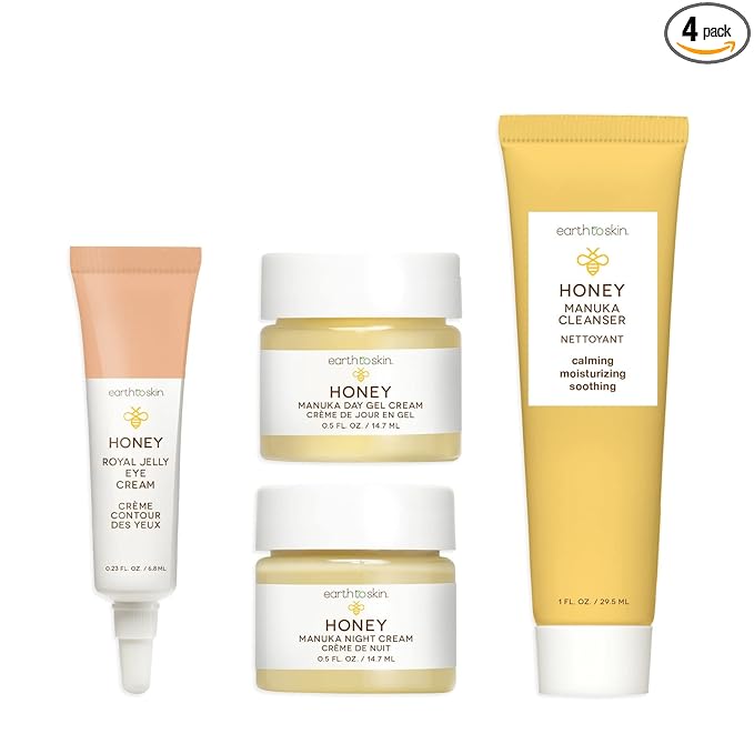 Earth To Skin Facial Care Starter Set: Manuka Honey Cleanser (1.0 Fl Oz), Day Gel Cream (0.5 Fl Oz), Night Cream (0.5 Fl Oz), and Royel Jelly Eye Cream (0.23 Fl Oz)
