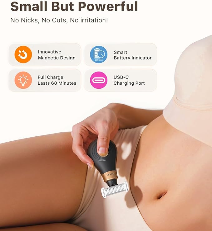 Mini Bikini Trimmer for Women - Intimate Pubic Hair Removal, Electric Body Groomer, Small Portable Wet/Dry Shaver, Magnetic Blade, USB-C Rechargeable with Travel Case, Easy to Clean (Black)