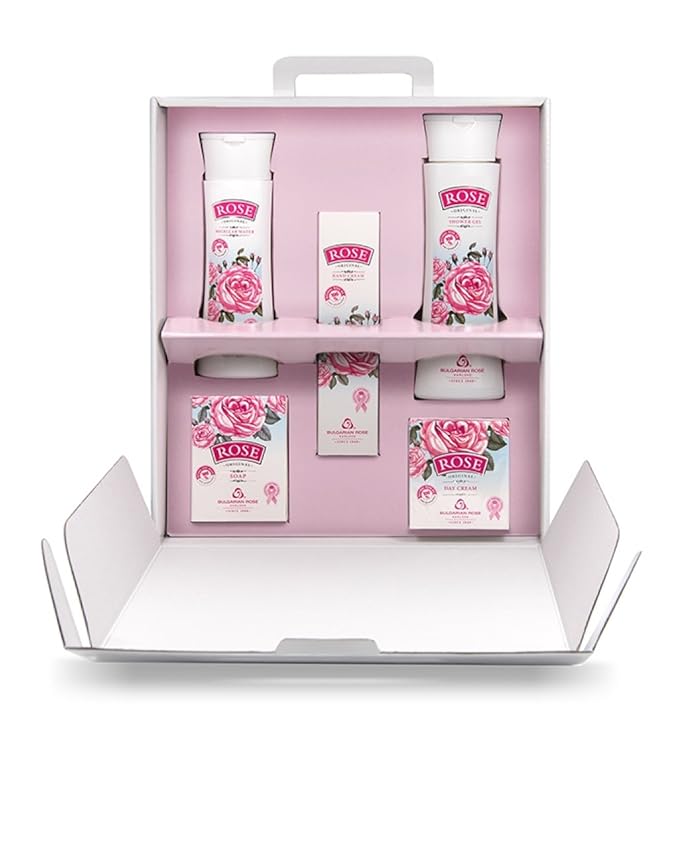 Bulgarian Rose 5 Piece Gift Set with Bulgarian Natural Rose Soap, Rose Body Wash, Rose Hand Cream, Rose Day Face Cream, Rose Micellar Water