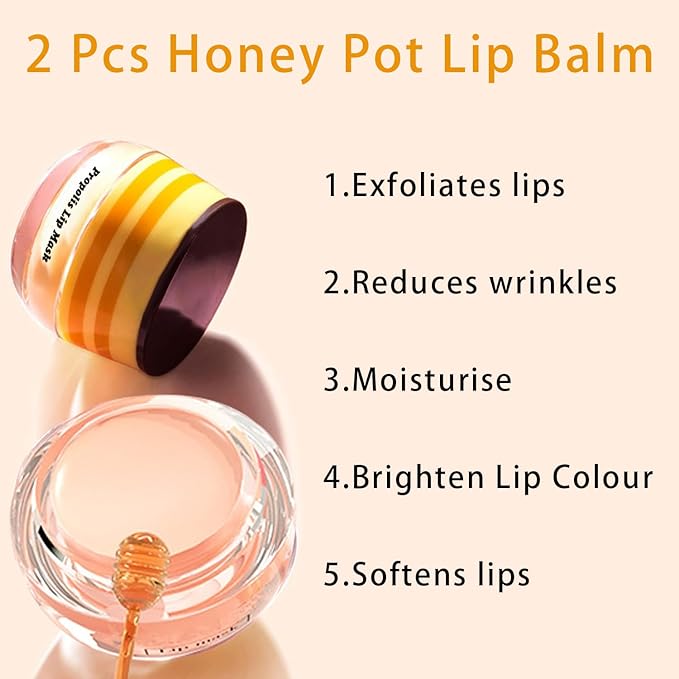 2 PCS Bee Lip Balm Honey Pot, Honey & Strawberry Lip Mask Overnight Propolis Moisturizing Lip Balm Hydrating Prevention Dry and Crack Lip Scrubs Exfoliator Lip Wrinkle Care (Honey&Strawberry)