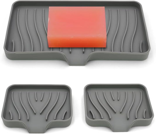3-Pack Silicone Soap Dish, Sponge Holder for Sink, Kitchen Soap Tray, Bathroom Soap Holder, Sponge Tray with Drain (Grey)