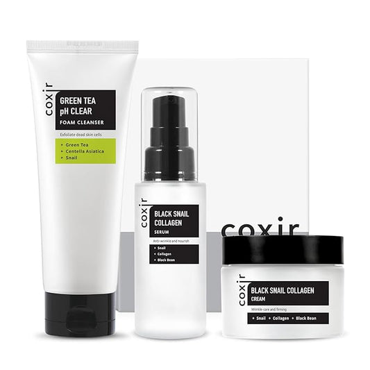 coxir BLACK SNAIL GIFT SET /Gift Set Birthday present /Foam Cleanser+Serum+Cream/Black Rice, Bean, Sesame, Snail Mucin, Collagen, Peptide l Repairing&Firming l Korean Skin Care