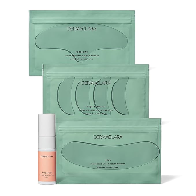 Dermaclara Face Patches Kit - Anti Wrinkle Patches for Forehead, Smile Lines, Silicone Anti-Wrinkle Frown Line Treatment, Up to 30 Uses - 1 Forehead, 2 Mouth, 2 Eye, 1 Neck & 1 Patch Prep Cleanser