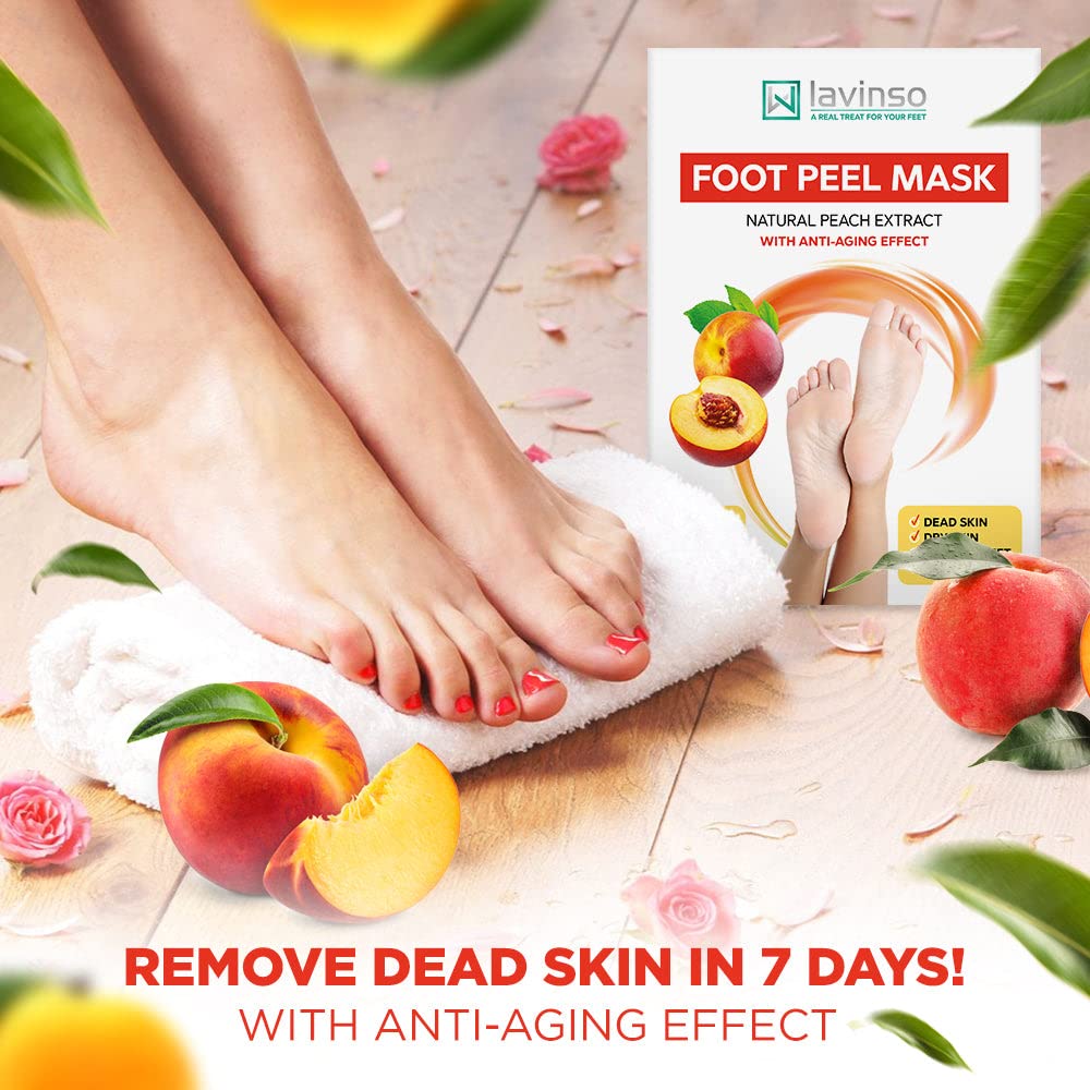 Lavinso Peach Foot Peel Mask for Dry Cracked Feet - 3 Pack - Dead Skin Remover Foot Mask for Cracked Feet and Callus - Exfoliating Feet Peeling Mask for Soft Baby Feet
