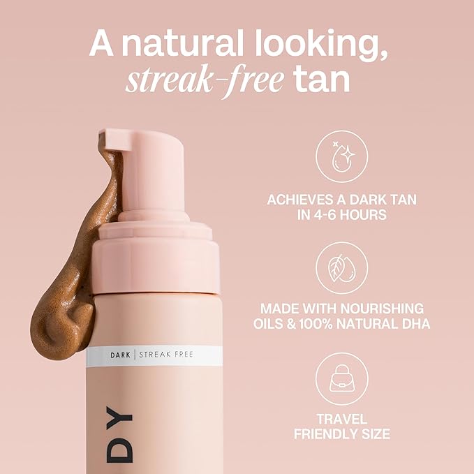 Bali Body Self Tanner Mousse Dark โ Sunless Tanning Foam for Body | Natural, Streak-Free, Fake Tan | Vegan, Cruelty-Free, Organic Self Tan Mousse for All Skin Types (100ml/3.4 fl oz)