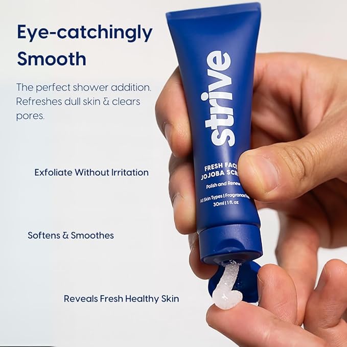 Strive - Fresh Face Jojoba Scrub - Mens Face Scrub, Fragrance Free, Smooth, Clear Skin, Refreshing with Aloe Vera, Centella Asiatica, Hyaluronic Acid & Niacinamide - For All Skin Types - 30 ML