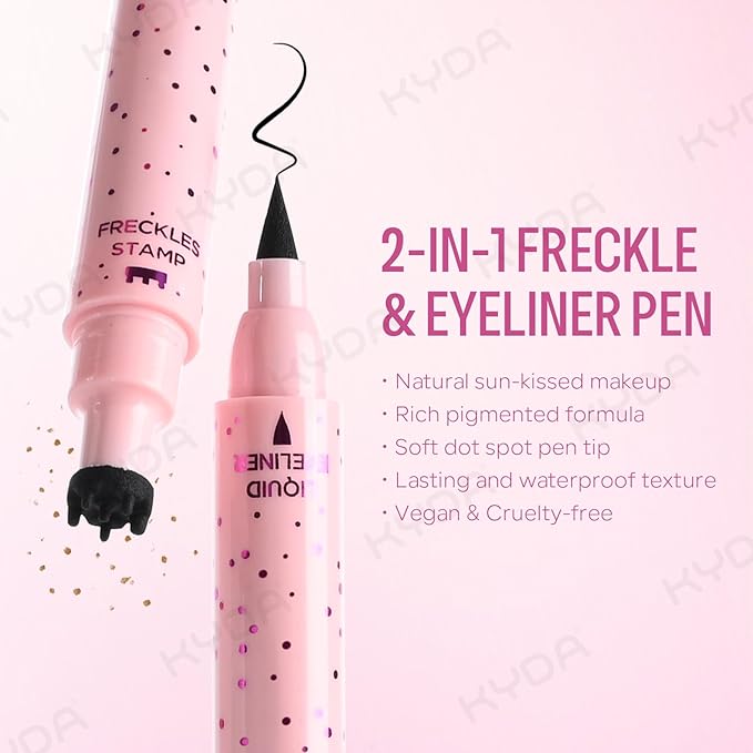 KYDA Freckle Liquid Eyeliner Pen, 2 in 1 Freckles Stamp and Black Liquid Eyeliner, Waterproof and Long lasting Soft Dot Spot Pen Realistic Fake Freckles for Natural Lifelike Sun-kissed Makeup-LIGHT