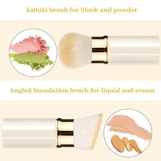 Makeup Brush, Retractable 2 Pack Travel Kabuki Powder Makeup Brush, Foundation Face Blush Brushes for Blending Liquid, Blush, Bronzer, Buffing, Sunscreen,Flawless Cosmetics