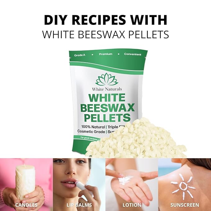 White Beeswax Pellets 2lb (1lb in Each Bag), Pure, Natural, Cosmetic Grade, Organic, Bees Wax Pastilles, 3X Filtered, Great For Soap Making, Candles, DIY Lip Balms, Sunscreen By White Naturals