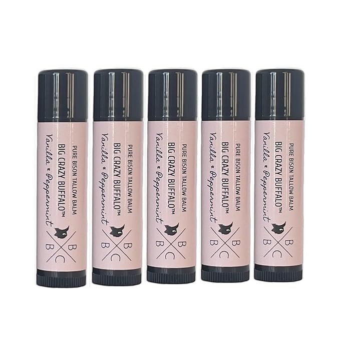 Pure Bison Tallow Lip Balm, Vanilla & Peppermint, (5 pack) - Moisturizing, Non-Habit Forming, Hydrating