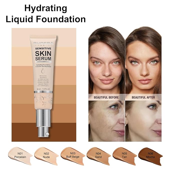 PHOERA Hydrating Serum Foundation,Makeup Base Foundation Hypoallergenic and Flawless Full Coverage. (N04 Sand)