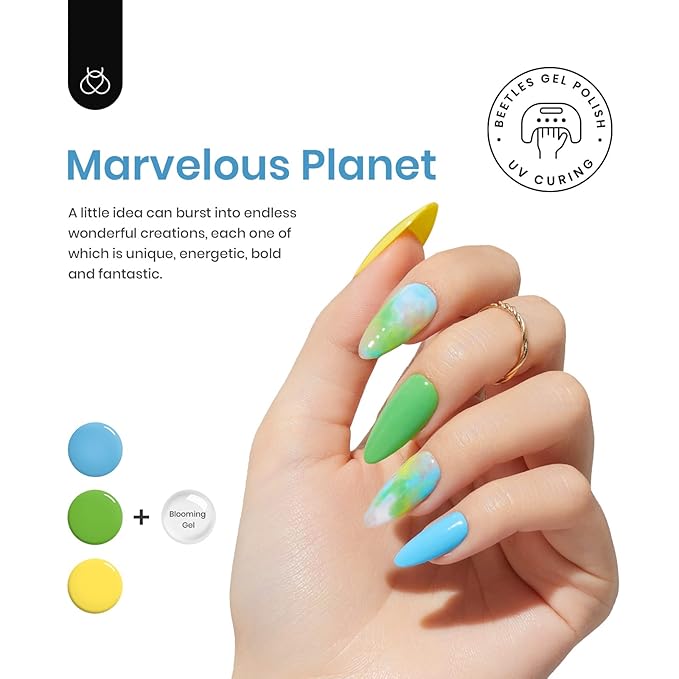Beetles Halloween Gel Nail Polish with Blooming Gel, 5 Colors Neon Pink Green Blue Purple Yellow Nail Polish Clear Blooming Polish for Spreading Effect with 2 Nail Art Brushes Nail Art Set for Women