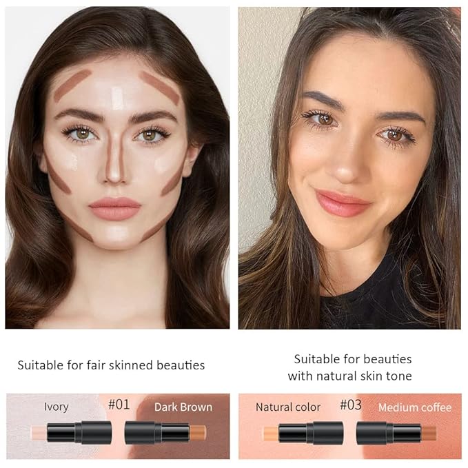 2 Colors Cream Contour Sticks Makeup Kit, Primer Face Highlighter Contouring for Beginners, Highlight and Contour Kit, Cream Concealer Makeup Blur Stick, Primer Face Corrector 1#