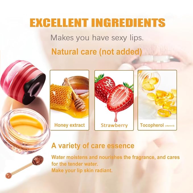 Bee Lip Balm Honey Pot,4 PCS Strawberry & Honey Moisturizing Propolis Lip Mask,Hydrating Prevention Dry and Cracked Lip Scrubs Exfoliator,Lip Sleep Mask Reduces Lip Lines Lip Skin Care ProductsâŠ