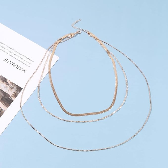 Punk Layered Chain Necklace Gold Flat Snake Chain Necklace Choker Vintage Herringbone Necklace Stacking Chunky Necklace Chain Jewelry for Women and Girls Gift