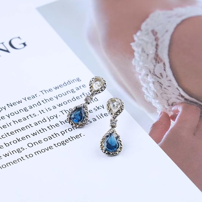Vintage Sapphire Drop Earrings Oval Sapphire Crystal Earrings Silver Teardrop Rhinestone Stud Earrings Blue Crystal Wedding Earrings Jewelry for Women and Girls Gifts