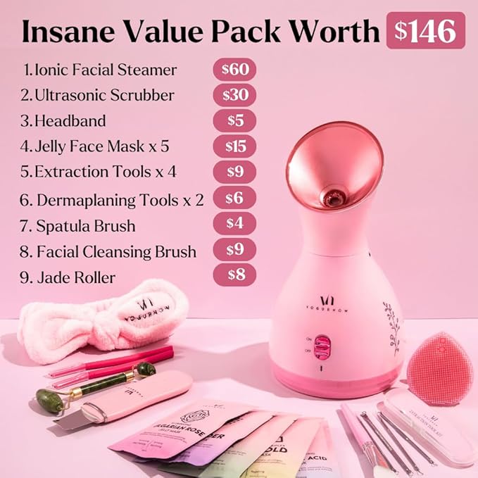 Facial Steamer Spa Kit with Complimentary 17 Skin Care Tools | Face Steamer for Facial Deep Cleaning with Towel Warmer & Humidifier Mode| Self Care Gifts for Women, Spa Gifts, Birthday Gifts for Women