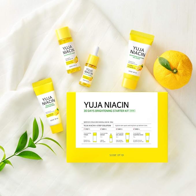 SOME BY MI Yuja Niacin 30 Days Brightening Starter Kit/Toner 1.01Oz, Serum 0.33Oz, Gel Cream 1.01Oz, Sleeping Mask 0.67Oz / Melasma and Blemish Care/Facial Skin Care Set